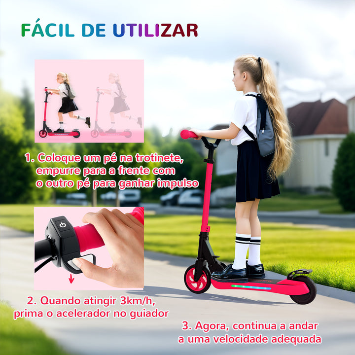 Trotinete Elétrica Dobrável para Crianças acima de 6 Anos Motor 120 W Autonomia 6 km e Máximo 10 km/h com Travão Altura Ajustável Luzes LED e Estrutura de Alumínio 74x52x83-87 cm Vermelho