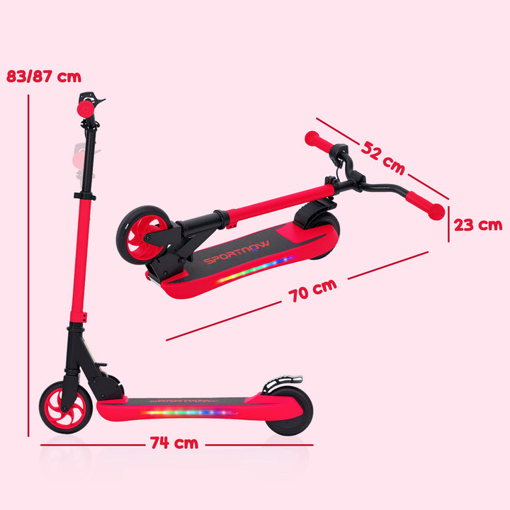 Trotinete Elétrica Dobrável para Crianças acima de 6 Anos Motor 120 W Autonomia 6 km e Máximo 10 km/h com Travão Altura Ajustável Luzes LED e Estrutura de Alumínio 74x52x83-87 cm Vermelho