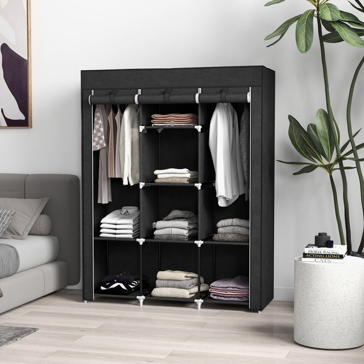 Roupeiro de Tecido Dobrável Armário Portátil com 8 Prateleiras de Armazenamento e 2 Barras de Pendurar Organizador de Roupa para Dormitório Vestidor 125x43x162,5 cm Preto