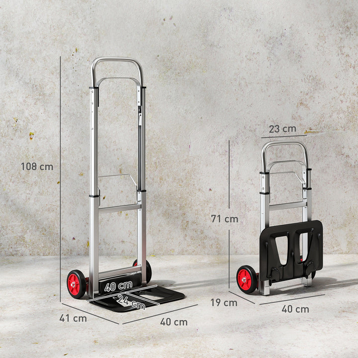 Carro de Transporte Dobrável de Alumínio com Cabo Telescópico Ajustável Carga 90 kg para Garagem, Escritório Bagagem Viagens Mudanças e Compras 40x41x108 cm Prateado e Preto