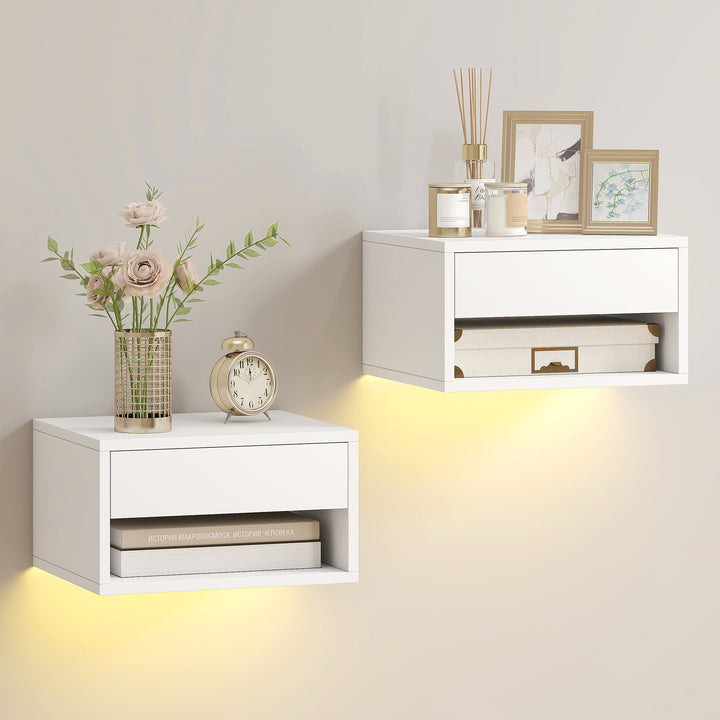 Conjunto de 2 Mesas de Cabeceira Flutuantes com Luzes LED RGB Controlo por APP Mesas de Cabeceira para Quarto com Gaveta Prateleira Aberta 37x32x21 cm Branco