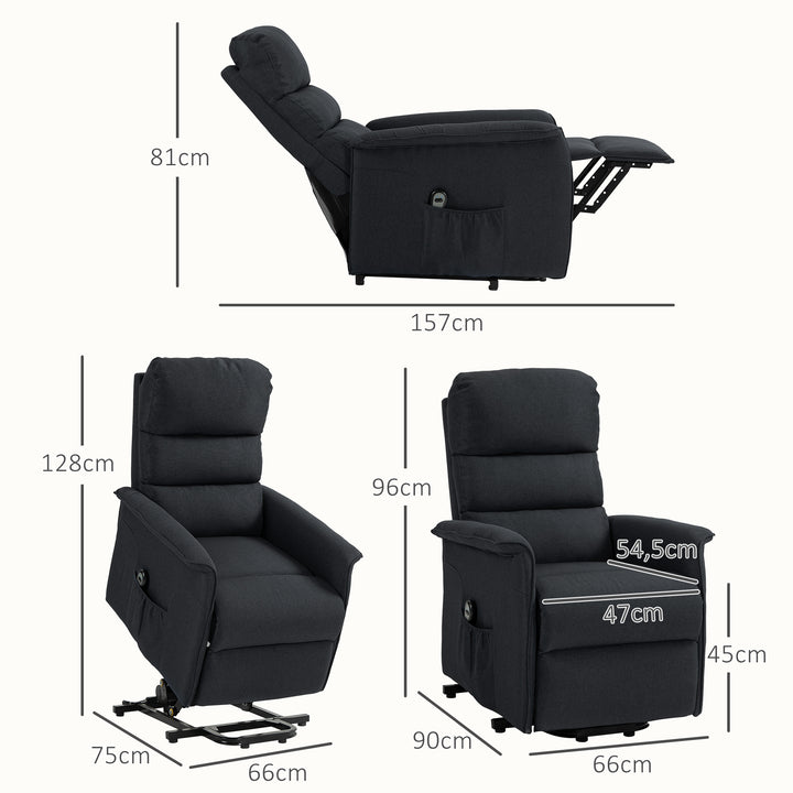 Poltrona Relax Reclinável Elétrica Poltrona Levanta Pessoas com Controlo Remoto e Bolso Lateral Poltrona Elétrica para Sala de Estar Dormitório 66x90x96 cm Preto