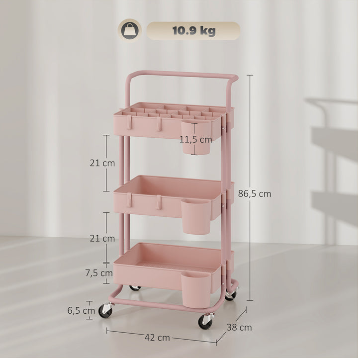 Carrinho de Cozinha de Aço Carrinho de Armazenamento com 4 Ganchos 3 Cestas Removíveis 3 Caixas Suspensas e Travões para Casa de Banho Sala de Estar Dormitório 42x38x86,5 cm Rosa