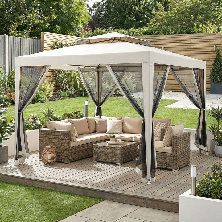 Pérgola de Jardim 297x297cm Pérgola com 4 Mosquiteiras Teto Duplo 8 Orifícios de Drenagem e Estrutura de Metal para Pátio Exterior Creme