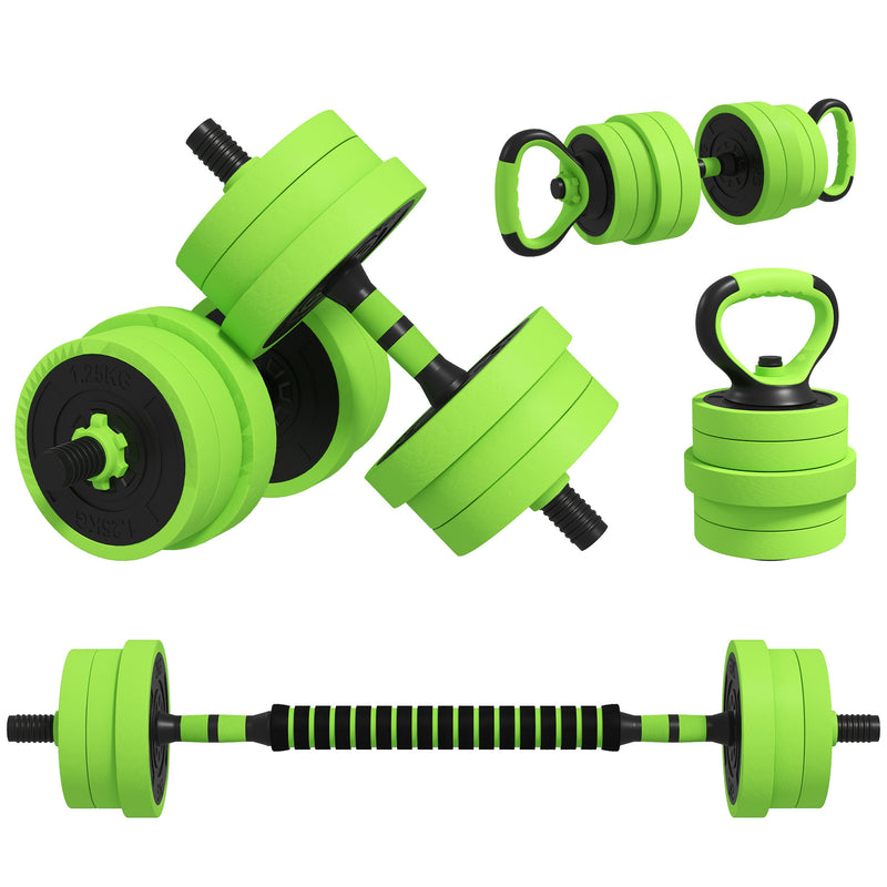 Conjunto de Halteres 20kg 4 em 1 Conjunto de Pesos com Kettlebell Barra de Pesos para Treino de Força em Casa Ginásio Escritório Verde