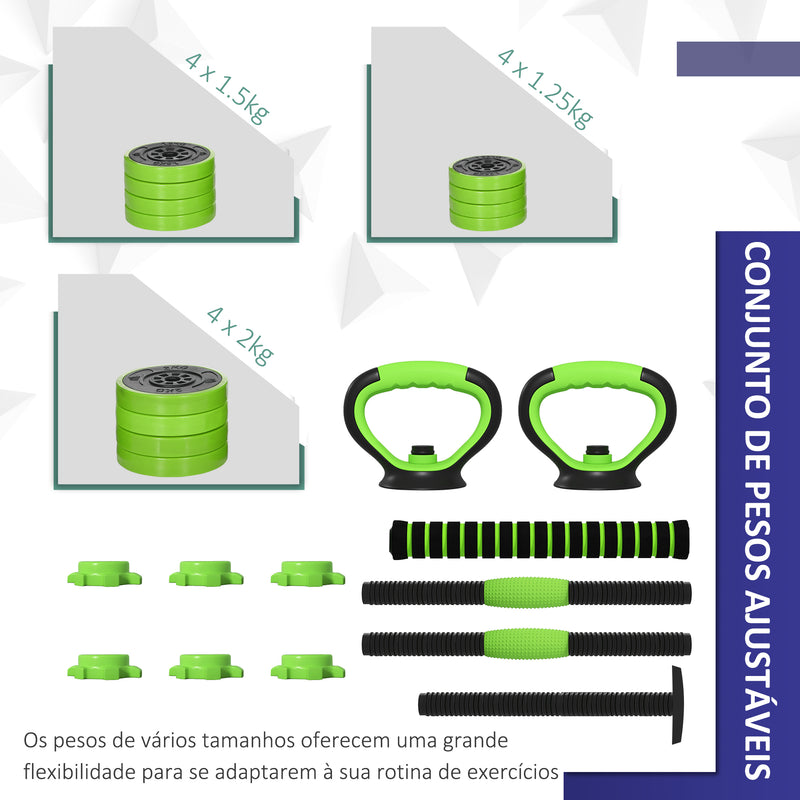 Conjunto de Halteres 20kg 4 em 1 Conjunto de Pesos com Kettlebell Barra de Pesos para Treino de Força em Casa Ginásio Escritório Verde