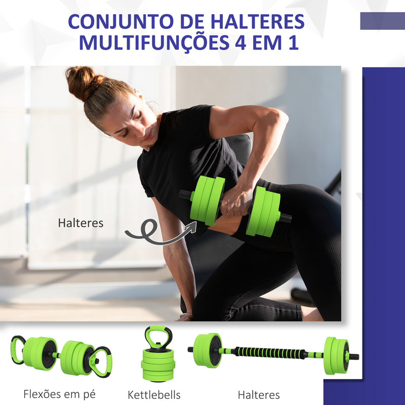 Conjunto de Halteres 20kg 4 em 1 Conjunto de Pesos com Kettlebell Barra de Pesos para Treino de Força em Casa Ginásio Escritório Verde