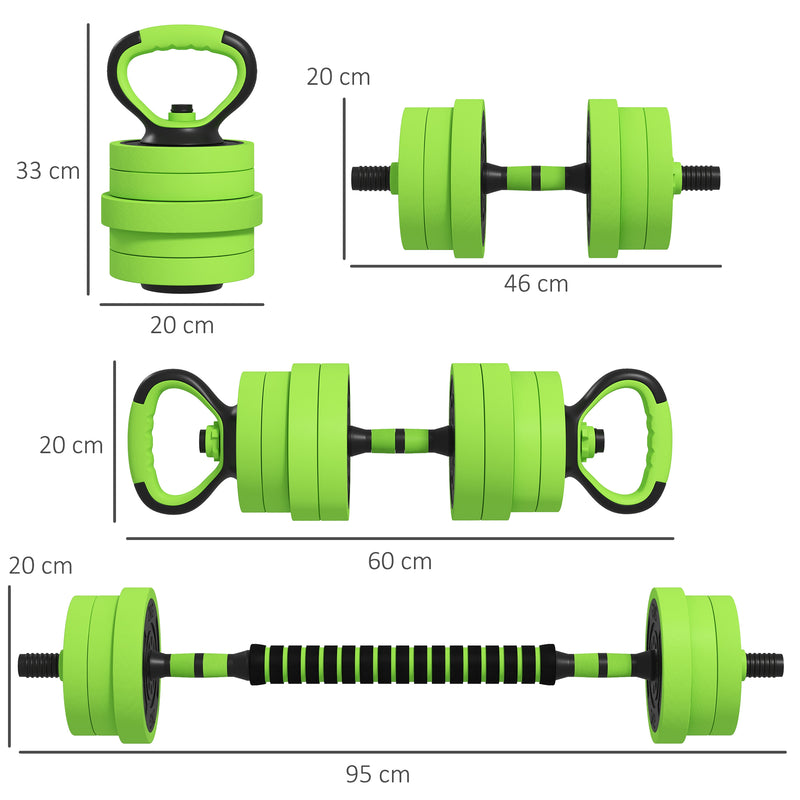 Conjunto de Halteres 20kg 4 em 1 Conjunto de Pesos com Kettlebell Barra de Pesos para Treino de Força em Casa Ginásio Escritório Verde