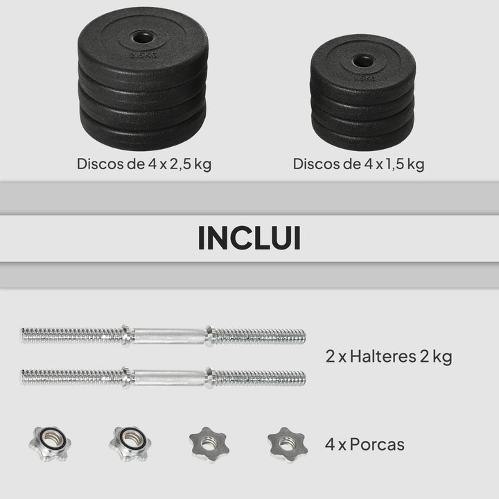 Conjunto de Halteres Ajustáveis 20 kg com Barra de Conexão de Aço e Discos Desmontáveis Conjunto de Pesos para Treinamento em Casa Academia Escritório Preto