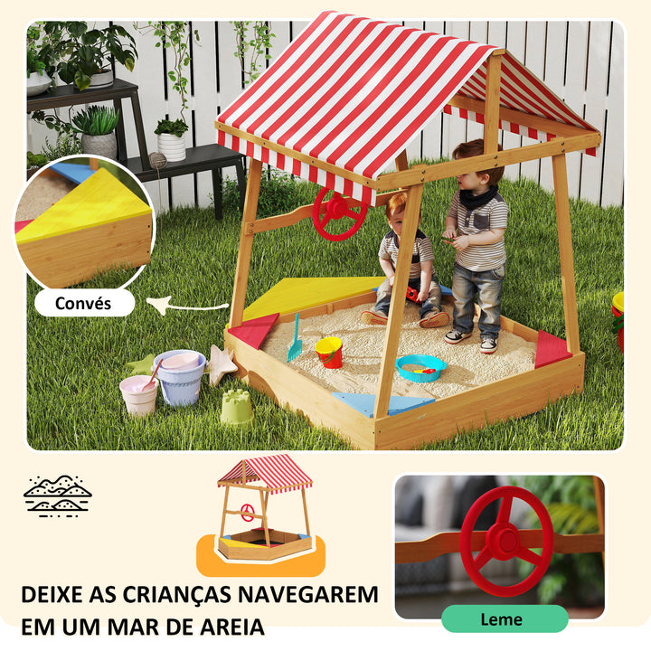 Caixa de Areia para Crianças acima de 3 Anos Caixa de Areia Infantil em Forma de Barco com Toldo e Assentos Caixa de Areia para Exterior 133x101x141 cm Madeira