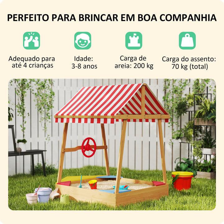 Caixa de Areia para Crianças acima de 3 Anos Caixa de Areia Infantil em Forma de Barco com Toldo e Assentos Caixa de Areia para Exterior 133x101x141 cm Madeira