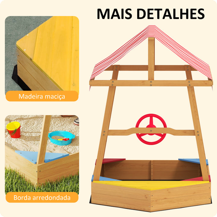 Caixa de Areia para Crianças acima de 3 Anos Caixa de Areia Infantil em Forma de Barco com Toldo e Assentos Caixa de Areia para Exterior 133x101x141 cm Madeira