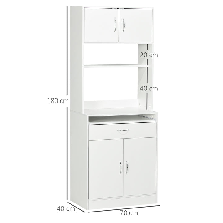 Armário de Cozinha Móvel Auxiliar de Cozinha com 4 Portas Bandeja Amovível Prateleira Ajustável Gaveta e Bancada para Micro-Ondas 70x40x180 cm Branco