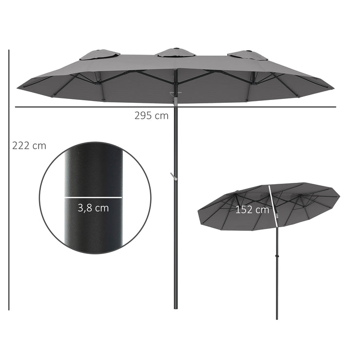 Chapéu de Sol Duplo 285x147x227cm Chapéu de Sol de Jardim com Inclinação de 45° Manivela Estrutura de Aço para Pátio Varanda Piscina Cinza