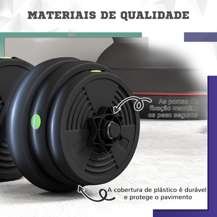 Conjunto de Halteres 25 kg 2 em 1 Conjunto de Pesos com Barra e Pega Antiderrapante para Treino de Força em Casa Ginásio Escritório Preto e Verde