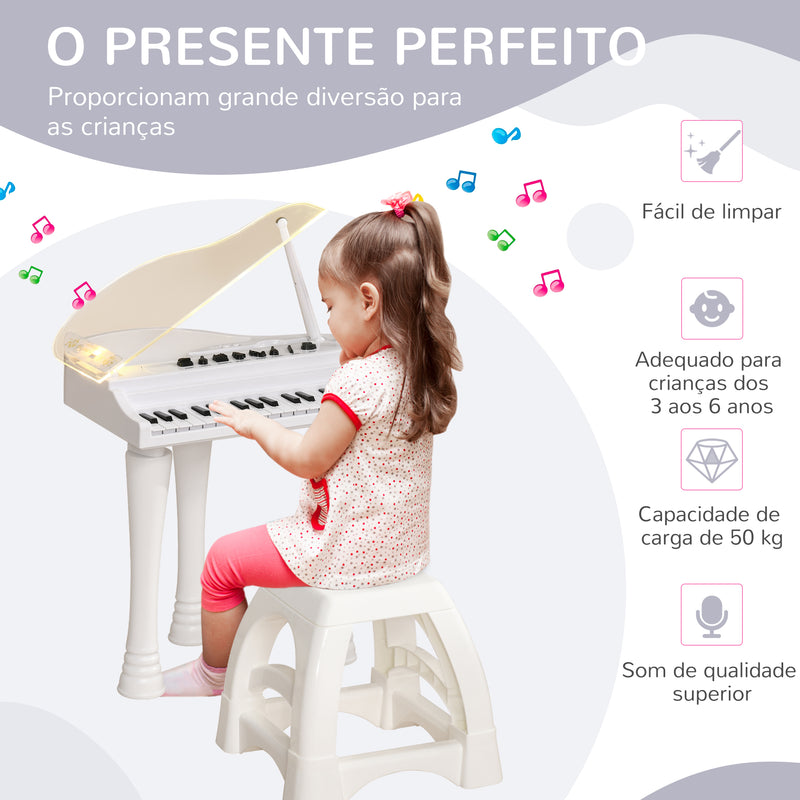 Piano Eletrónico para Crianças com 32 Teclas Piano com Microfone Banco Luzes 22 Músicas 4 Tons Pés Amovíveis e Volume Ajustável 37x30,5x60,4 cm Branco