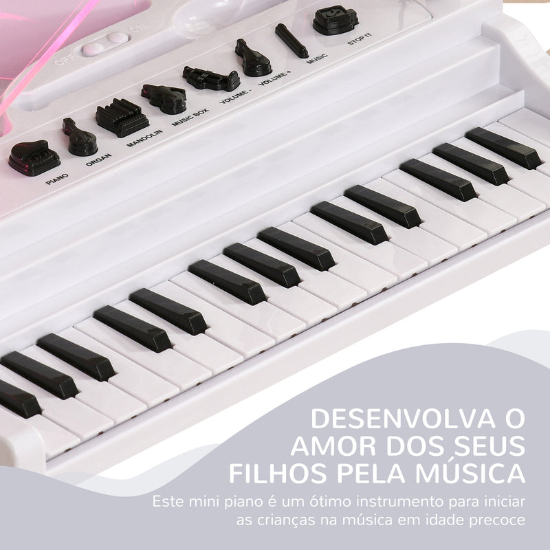 Piano Eletrónico para Crianças com 32 Teclas Piano com Microfone Banco Luzes 22 Músicas 4 Tons Pés Amovíveis e Volume Ajustável 37x30,5x60,4 cm Branco