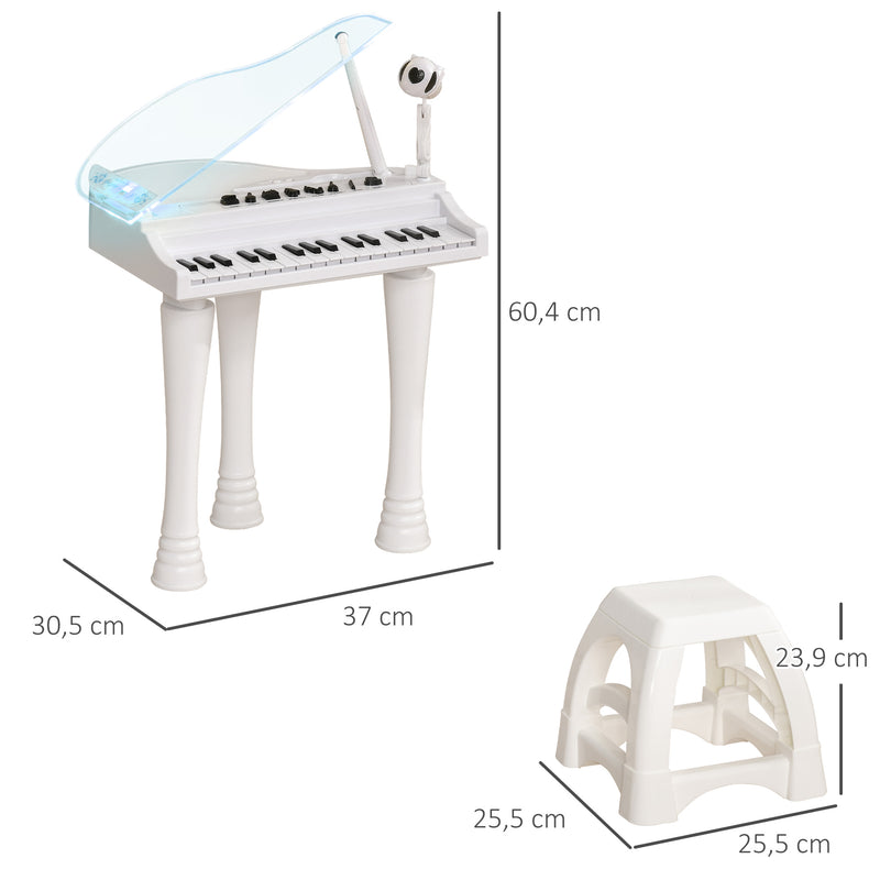 Piano Eletrónico para Crianças com 32 Teclas Piano com Microfone Banco Luzes 22 Músicas 4 Tons Pés Amovíveis e Volume Ajustável 37x30,5x60,4 cm Branco