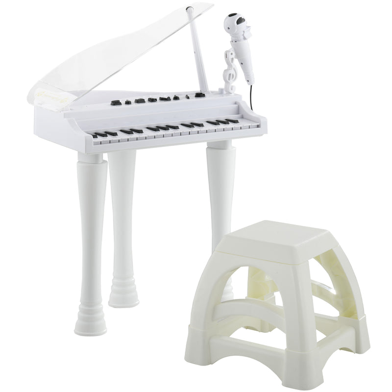 Piano Eletrónico para Crianças com 32 Teclas Piano com Microfone Banco Luzes 22 Músicas 4 Tons Pés Amovíveis e Volume Ajustável 37x30,5x60,4 cm Branco