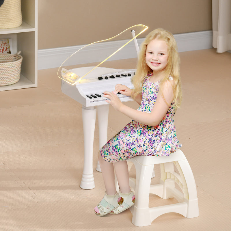 Piano Eletrónico para Crianças com 32 Teclas Piano com Microfone Banco Luzes 22 Músicas 4 Tons Pés Amovíveis e Volume Ajustável 37x30,5x60,4 cm Branco