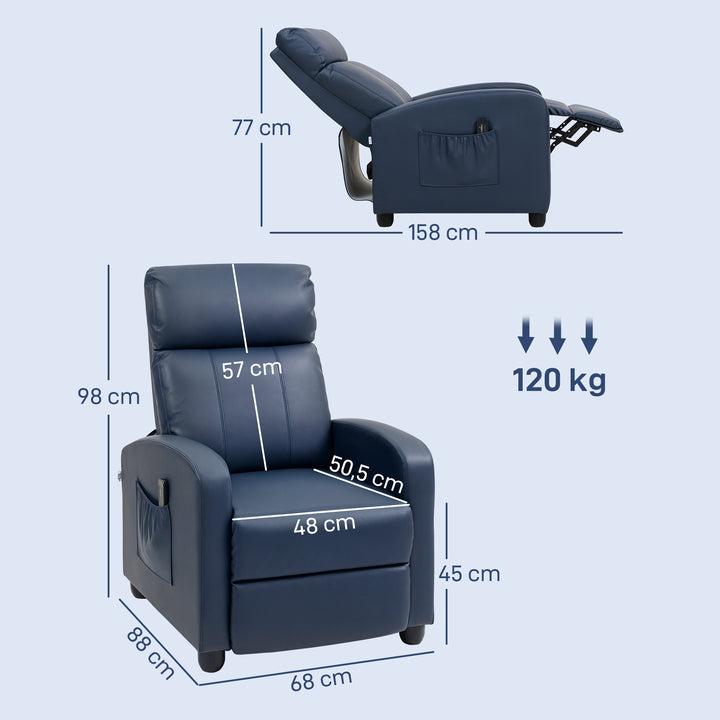 Poltrona de Massagem Poltrona Relax Reclinável com 2 Zonas de Massagem 8 Programas 5 Níveis de Intensidade e Controlo Remoto Estofada em PU 68x88x98 cm Azul Escuro
