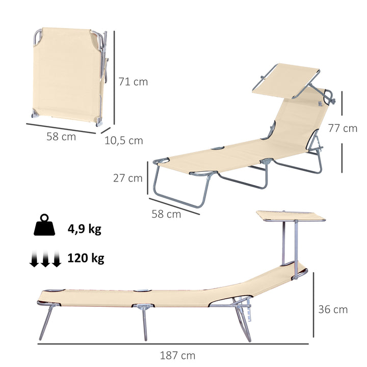 Espreguiçadeira de Jardim Dobrável com Toldo Removível e Ajustável em Ângulo e Encosto Ajustável em 4 Posições para Jardim Terraço Campismo Exterior 187x58x36 cm Bege