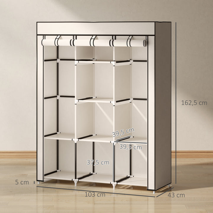 Roupeiro de Tecido Dobrável Armário Portátil com 8 Prateleiras de Armazenamento e 2 Barras de Pendurar Organizador de Roupa para Dormitório Vestidor 125x43x162,5cm Creme