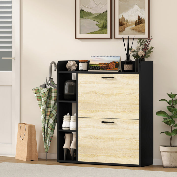 Sapateira Estreita 2 Portas Sapateira para Entrada Corredor com 3 Prateleiras Laterais e Prateleiras Ajustáveis para 15 Pares de Sapatos Para Corredor Espaço Reduzido 83x24x90,5 cm Madeira e Preto