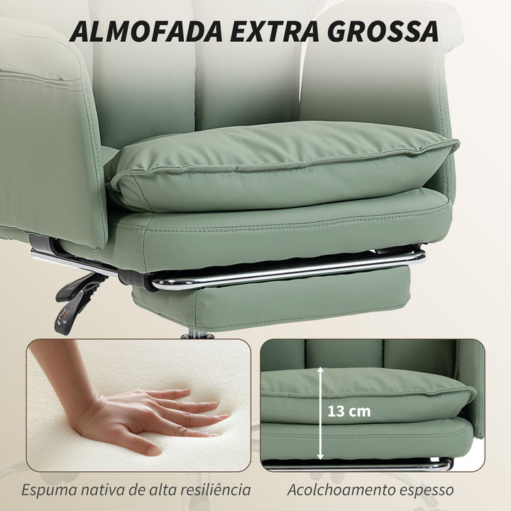 Cadeira de Secretária com Apoio para os Pés Cadeira de Escritório Giratória com Encosto Reclinável e Alto Acolchoado Espesso Estofada em Couro Sintético Suporte Lombar Altura Ajustável Rodas Verde