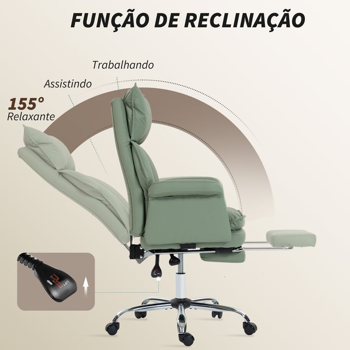 Cadeira de Secretária com Apoio para os Pés Cadeira de Escritório Giratória com Encosto Reclinável e Alto Acolchoado Espesso Estofada em Couro Sintético Suporte Lombar Altura Ajustável Rodas Verde