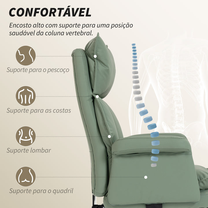Cadeira de Secretária com Apoio para os Pés Cadeira de Escritório Giratória com Encosto Reclinável e Alto Acolchoado Espesso Estofada em Couro Sintético Suporte Lombar Altura Ajustável Rodas Verde