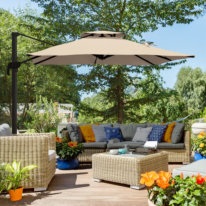Chapéu de Sol de Alumínio Ø295x270 cm Chapéu de Sol Excêntrico com Manivela Teto Duplo Inclinável Mastro Giratório 360° com Pedal e Base Cruzada para Pátio Varanda Cáqui