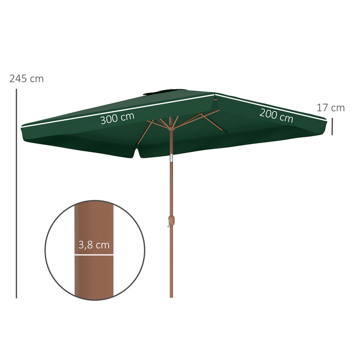 Chapéu de Sol de Jardim 300x200 cm Chapéu de Sol de Exterior com Ângulo Ajustável Mastro de Alumínio Manivela e Proteção UV 50+ Chapéu de Sol para Jardim Pátio Verde
