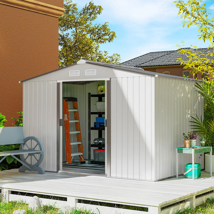 Abrigo de Jardim Exterior Abrigo e Jardim Metálico para Armazenamento de Ferramentas com 4 Janelas 277x195x192 cm Branco e Cinza Escuro