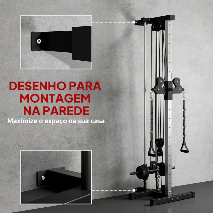 Máquina de Polias de Parede Alta e Baixa Ajustável em 15 Posições Multifunções para Ginásio e Casa 62x60x200 cm Preto