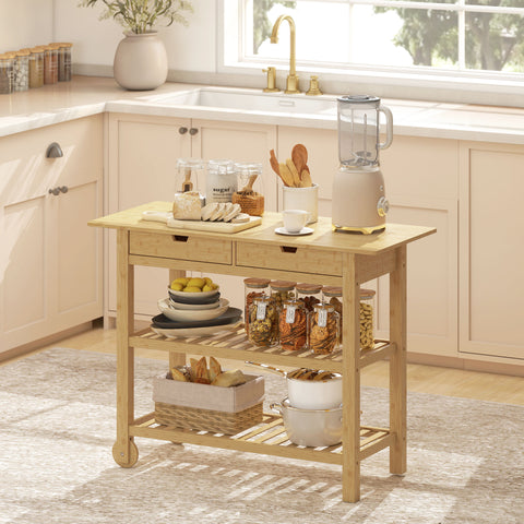 Carrinho Auxiliar com Rodas em Bambu 2 Gavetas 2 Prateleiras de Ripas 100x43x75 cm Madeira