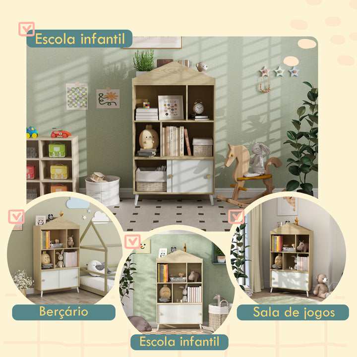 Estante Infantil de Madeira com 4 Compartimentos Estante de Livros para Crianças com Prateleiras Abertas e Armário para Domitório Sala de Jogos 80x30x140,5 cm Branco e Madeira