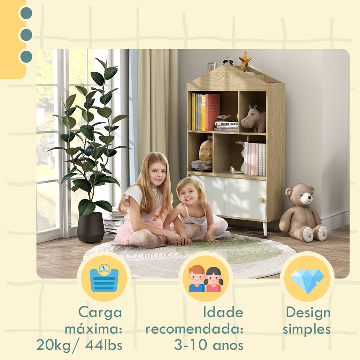 Estante Infantil de Madeira com 4 Compartimentos Estante de Livros para Crianças com Prateleiras Abertas e Armário para Domitório Sala de Jogos 80x30x140,5 cm Branco e Madeira