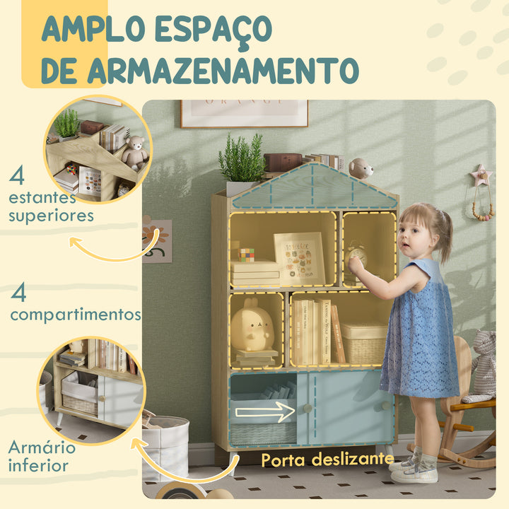 Estante Infantil de Madeira com 4 Compartimentos Estante de Livros para Crianças com Prateleiras Abertas e Armário para Domitório Sala de Jogos 80x30x140,5 cm Branco e Madeira