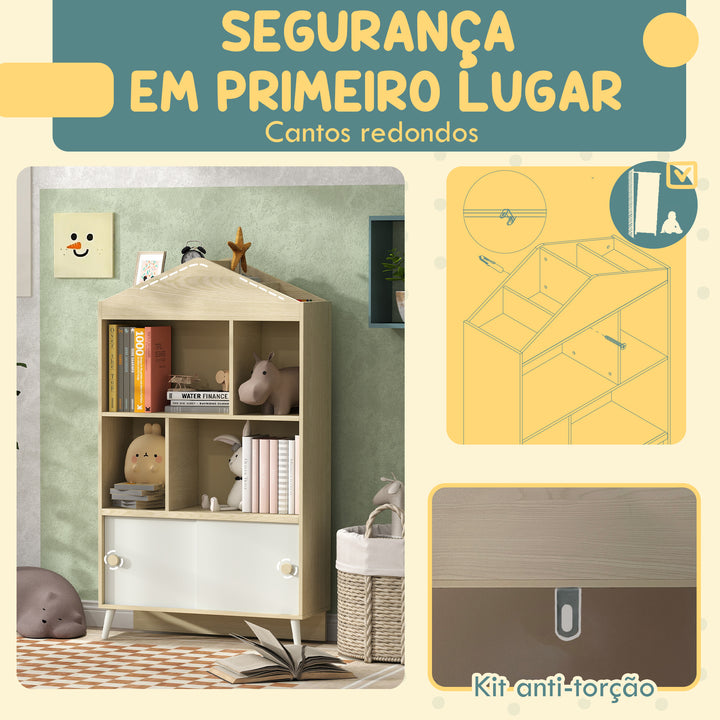 Estante Infantil de Madeira com 4 Compartimentos Estante de Livros para Crianças com Prateleiras Abertas e Armário para Domitório Sala de Jogos 80x30x140,5 cm Branco e Madeira