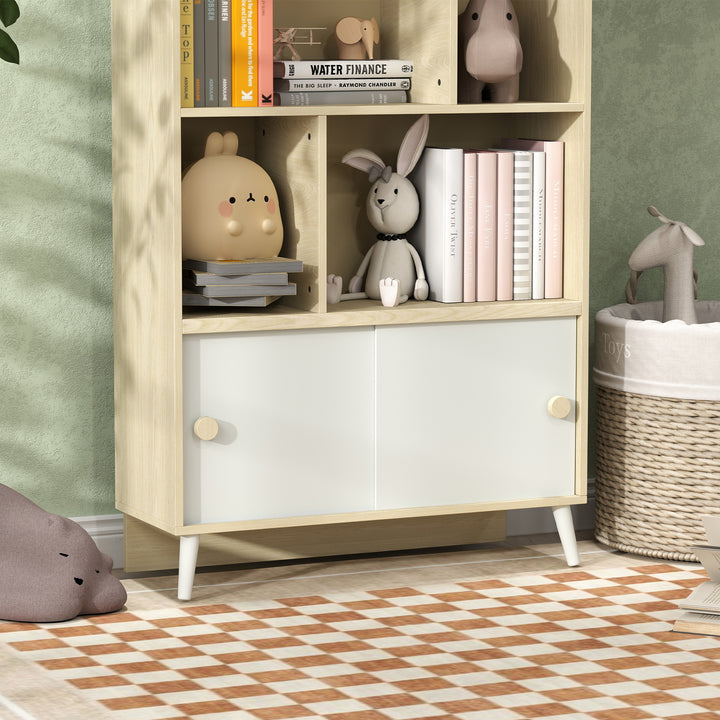 Estante Infantil de Madeira com 4 Compartimentos Estante de Livros para Crianças com Prateleiras Abertas e Armário para Domitório Sala de Jogos 80x30x140,5 cm Branco e Madeira