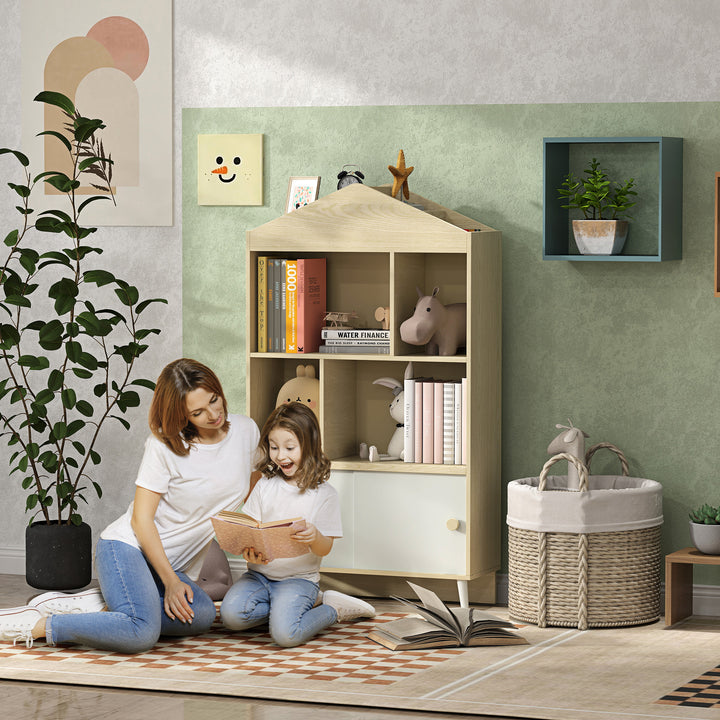 Estante Infantil de Madeira com 4 Compartimentos Estante de Livros para Crianças com Prateleiras Abertas e Armário para Domitório Sala de Jogos 80x30x140,5 cm Branco e Madeira