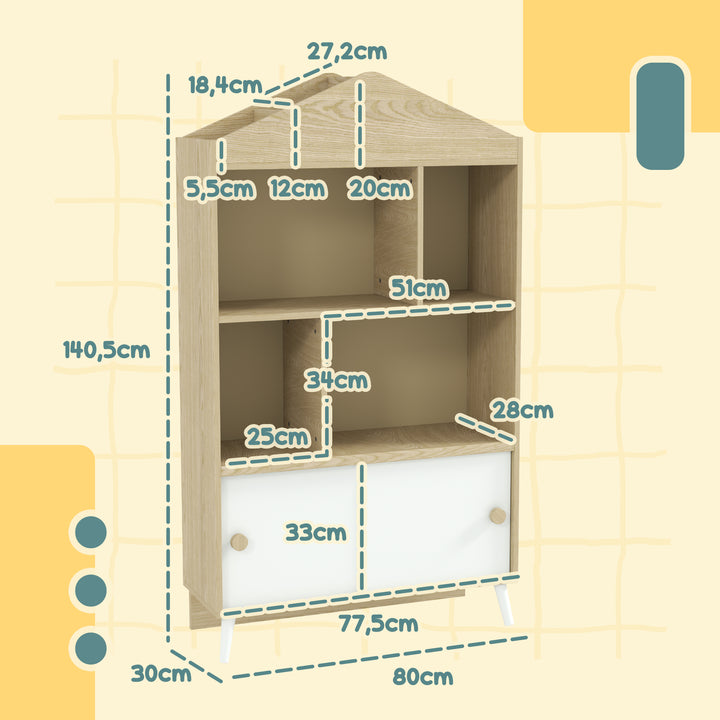 Estante Infantil de Madeira com 4 Compartimentos Estante de Livros para Crianças com Prateleiras Abertas e Armário para Domitório Sala de Jogos 80x30x140,5 cm Branco e Madeira