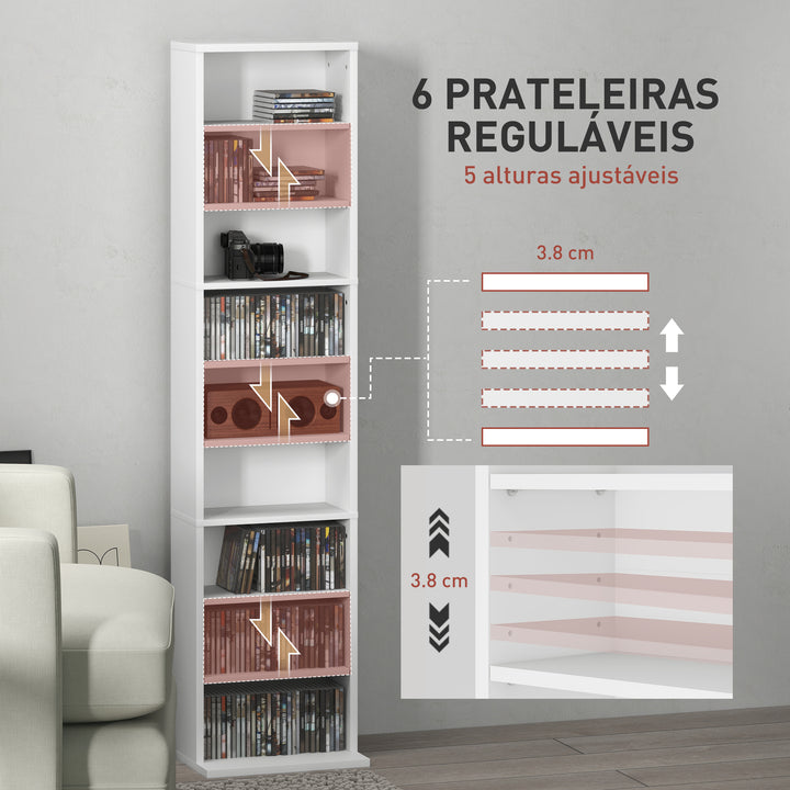 Estante para CDs e DVDs Suportes para CD Estreitos com 9 Compartimentos Prateleiras Ajustáveis para Sala Escritório 33x24x140 cm Branco