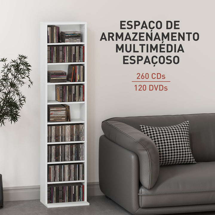 Estante para CDs e DVDs Suportes para CD Estreitos com 9 Compartimentos Prateleiras Ajustáveis para Sala Escritório 33x24x140 cm Branco