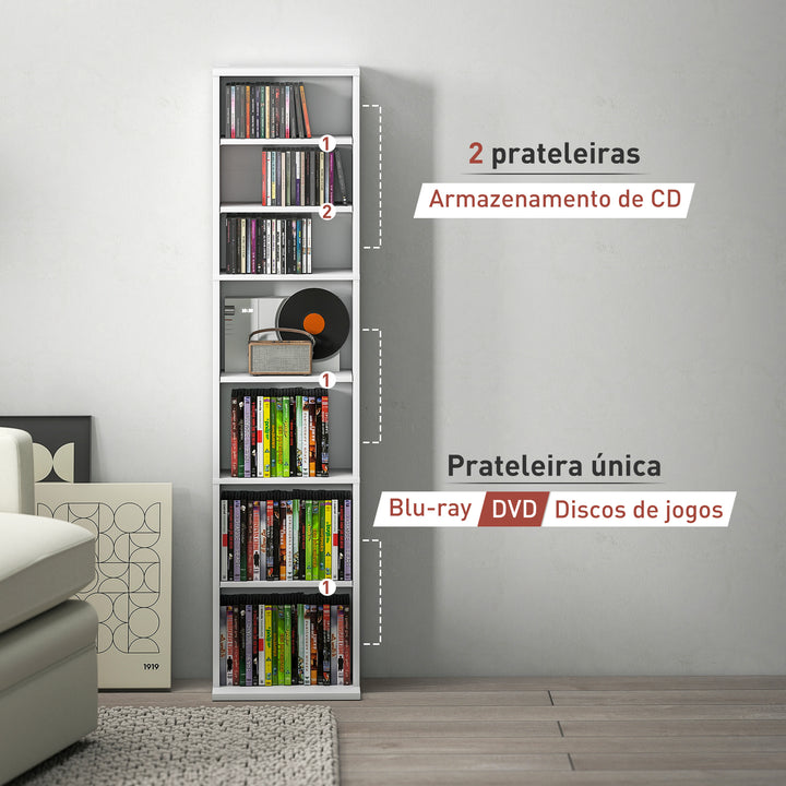 Estante para CDs e DVDs Suportes para CD Estreitos com 9 Compartimentos Prateleiras Ajustáveis para Sala Escritório 33x24x140 cm Branco