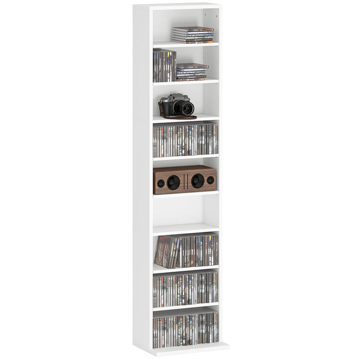 Estante para CDs e DVDs Suportes para CD Estreitos com 9 Compartimentos Prateleiras Ajustáveis para Sala Escritório 33x24x140 cm Branco