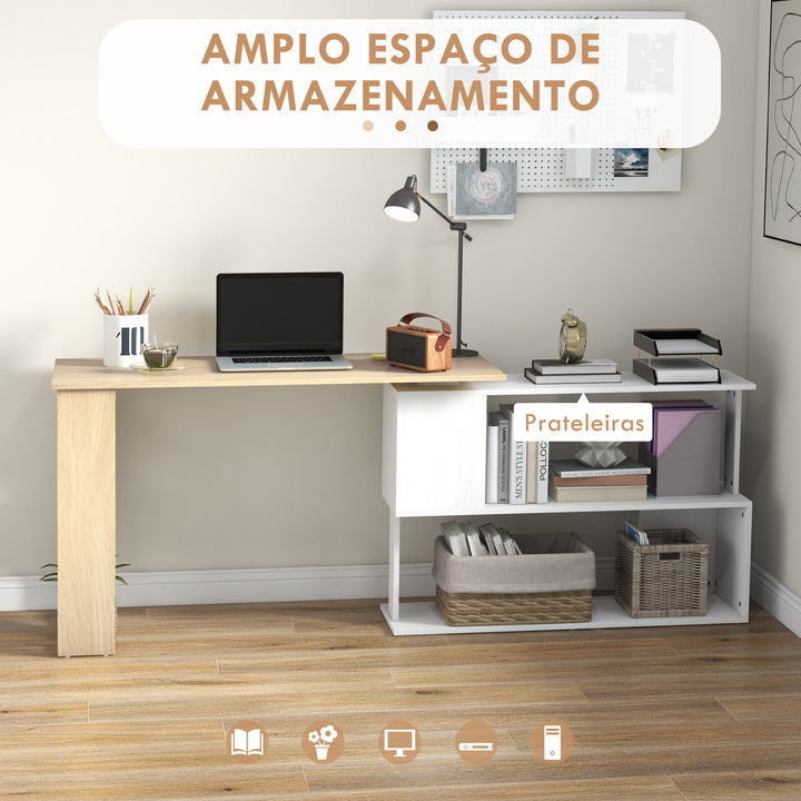 Mesa de Computador Secretária Mesa de Canto Giratória 360° com 5 Prateleiras para Casa Escritório Madeira e Branco