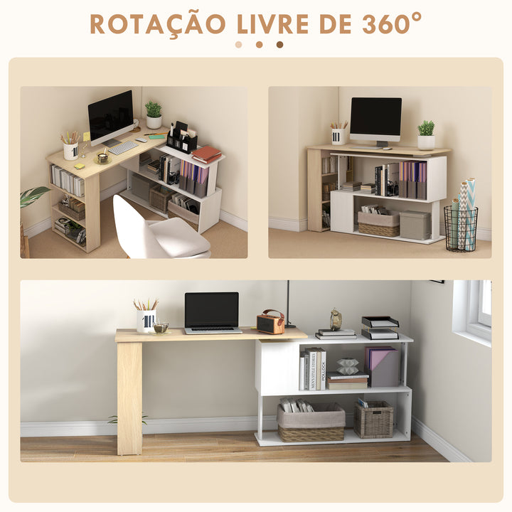 Mesa de Computador Secretária Mesa de Canto Giratória 360° com 5 Prateleiras para Casa Escritório Madeira e Branco