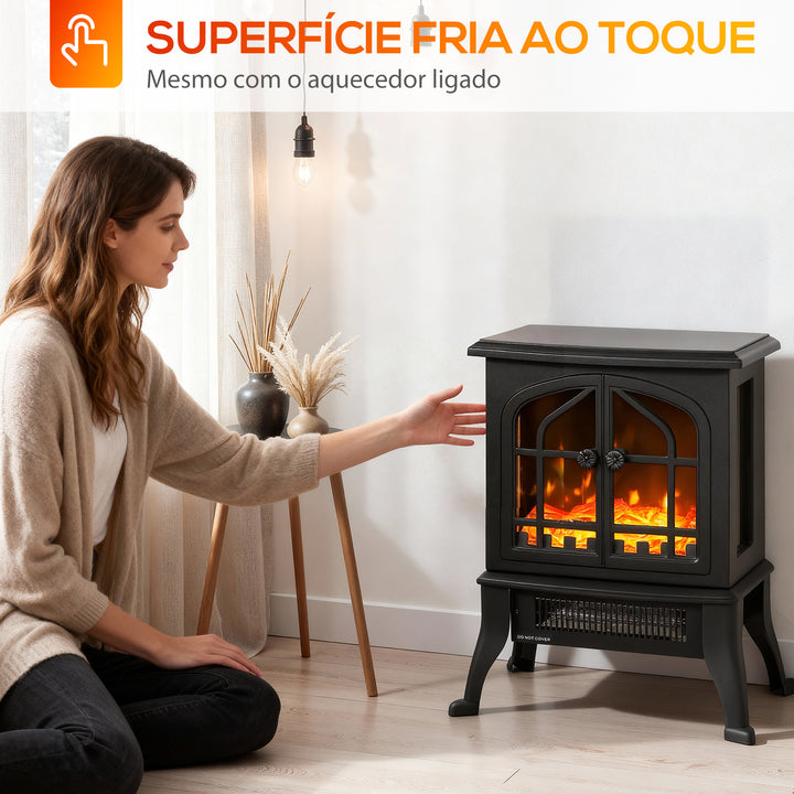 Lareira Elétrica de Pé Lareira Decorativa 900/1800W com Efeito Chama 3D 2 Níveis de Potência Termóstato Ajustável Janelas Visíveis para 15-30 ? 39x24x48 cm Preto